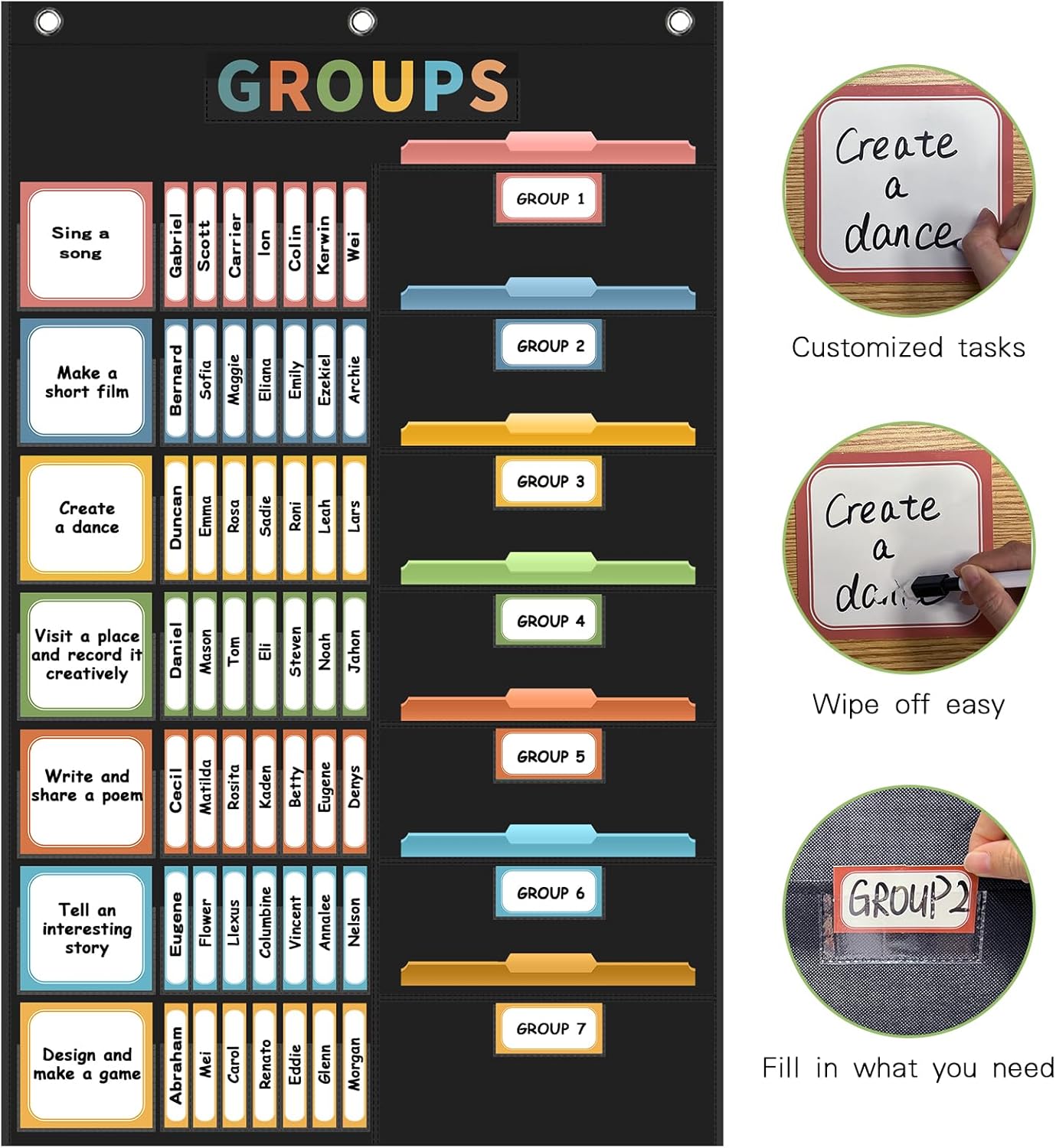 REGELETO Small Group Management Pocket Chart with 96 Cards Classroom Jobs Chart Small Group Organizer and on Task for School Teacher Homeschool Learning Supplies (Black)
