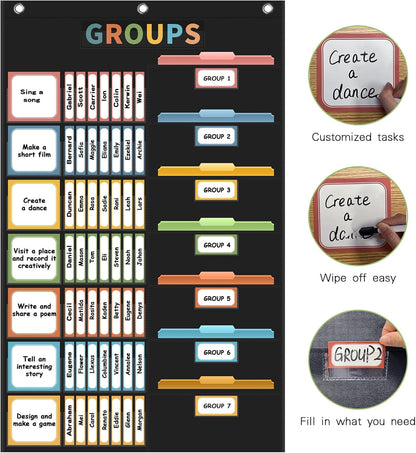 REGELETO Small Group Management Pocket Chart with 96 Cards Classroom Jobs Chart Small Group Organizer and on Task for School Teacher Homeschool Learning Supplies (Black)