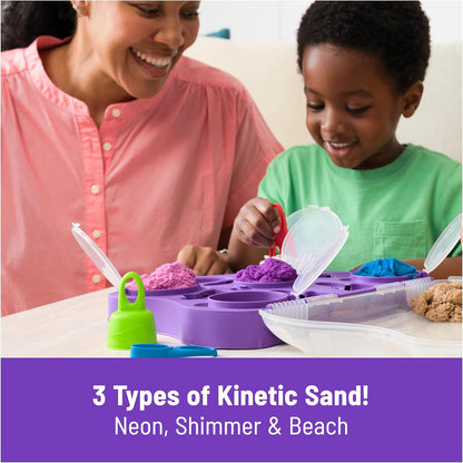 Kinetic Sand, Mermaid Palace Playset with 2.06lbs Play Sand (Neon Purple, Shimmer Teal & Beach), Tools & Folding Sandbox, Sensory Toys for Kids