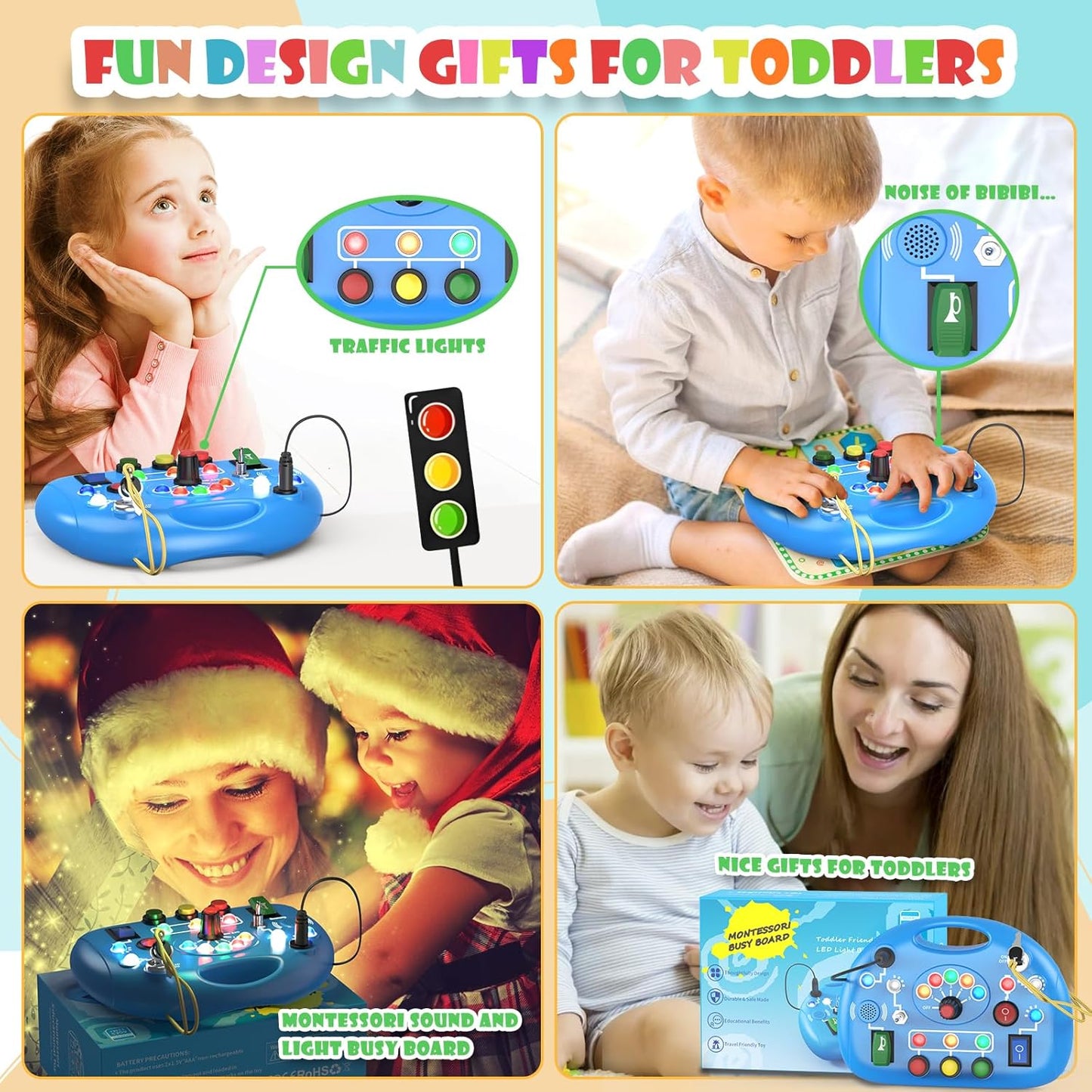 Montessori Busy Board with LED Light for Toddlers 2-4 Year Old, Sensory Toys with Sounds & Switches, Car Driving Travel Toys for Kids, Preschool Busy Book Boy and Girls Birthday Gifts (Pink)