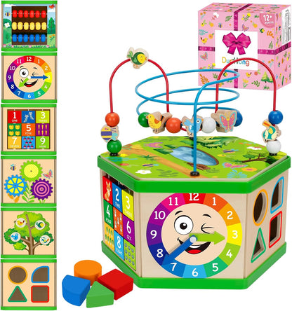 Wooden Activity Cube for 1 Year old, 12-18 Month Boys & Girls, 7-in-1 STEM Montessori Early Developmental Learning Toys for Kids Aged 1-2, Ideal 1st Birthday Gift Toys for Baby, Toddlers (Green)