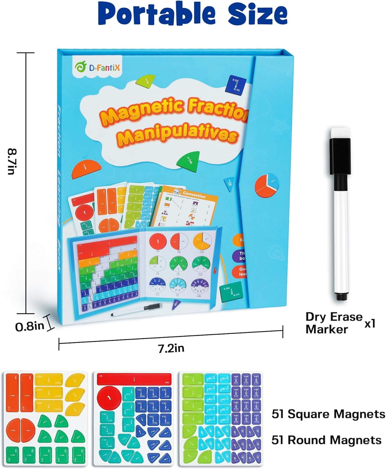 D-FantiX Magnetic Fraction Educational Puzzle, Magnetic Fraction Tiles & Fraction Circles Set, Math Manipulatives for Elementary School, Montessori Fraction Manipulatives Learning Toys for Kids