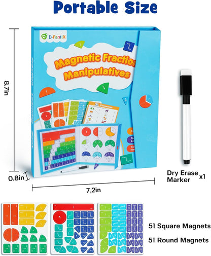 D-FantiX Magnetic Fraction Educational Puzzle, Magnetic Fraction Tiles & Fraction Circles Set, Math Manipulatives for Elementary School, Montessori Fraction Manipulatives Learning Toys for Kids