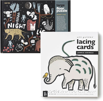 Wee Gallery Fine Motor Practice Bundle - Night Life Floor Puzzle, 24 Large Pieces, Durable Jumbo Jigsaw Floor Puzzles - Jungle Animals Lacing Cards for Toddlers, Sewing Board, Preschool Toys