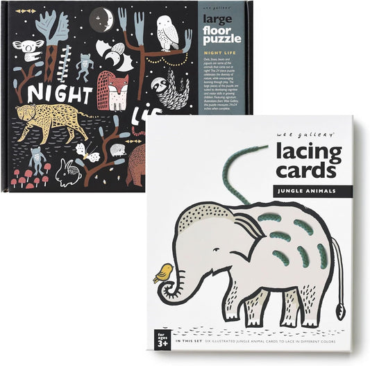 Wee Gallery Fine Motor Practice Bundle - Night Life Floor Puzzle, 24 Large Pieces, Durable Jumbo Jigsaw Floor Puzzles - Jungle Animals Lacing Cards for Toddlers, Sewing Board, Preschool Toys