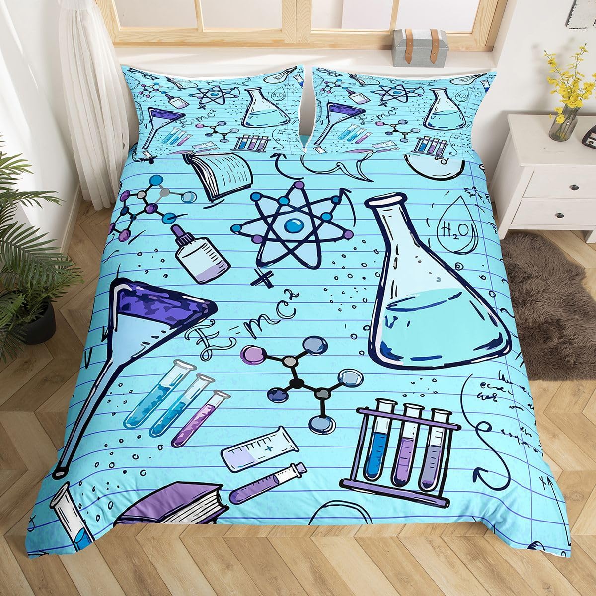 Erosebridal Chemistry Lab Bedding Set Twin Size Chemical Equation Duvet Cover for Boys Girls Chemical Elements Science Theme Comforter Cover Teens Kids Science Students Bedding School Dorm Room Decor