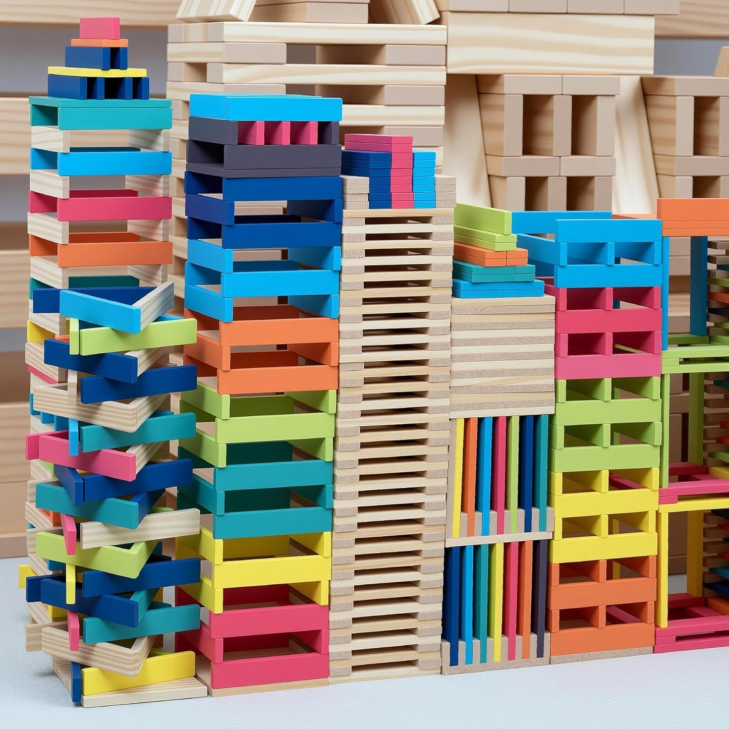 Premium 300 Pcs Natural Wooden Building Blocks for Kids Ages 3-12,Pine STEM Construction Toy - Open-Ended Classic Building Blocks Set for Castles, Bridges & Towers, Educational Learning Gift (4.7 in)