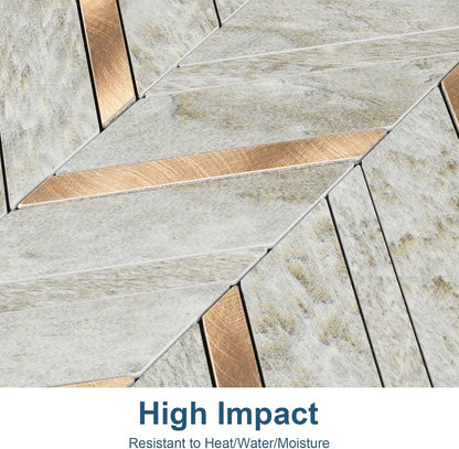 Yipscazo 10 Sheets Herringbone Backsplash Peel and Stick Tile, Marble Calacata Mixed Metal Gold PVC Stick on Backsplash for Kitchen, Waterproof Self Adhesive Wall Tile for Bathroom