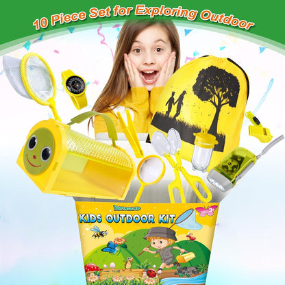 Bug Catcher Kit & Outdoor Explorer Kit for Kids, 10 Pcs Bug Catching Kit with Toy Cage, Backpack, Flashlight, Manifying Glass, Toy Net, Outdoor Exploration Toys Gift for Boys Girls 3-12