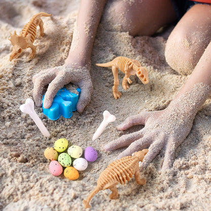 Sratte 52 Pcs Dinosaur Fossil Skeleton Kit for Kids with 24 Assorted Dino Bones & 24 Mini Dinosaur Eggs & 4 Bones, Dino Sand Dig Toys for Science Play Sandbox Birthday Halloween Party(Light Brown)