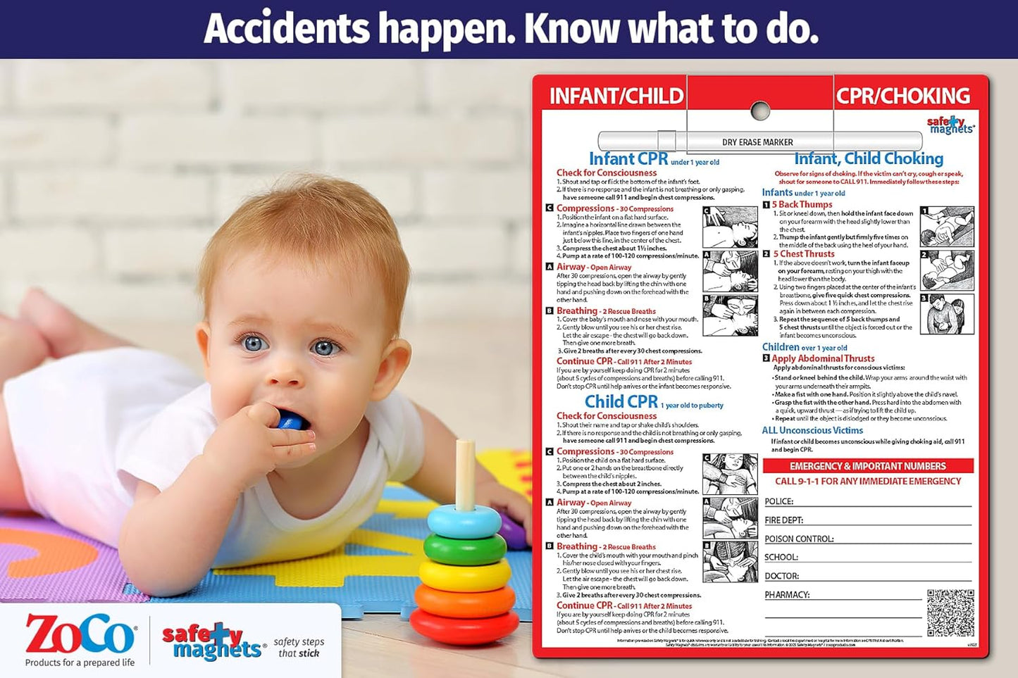 Safety Magnets by ZOCO – Infant and Child CPR & Choking Magnet – Laminated 8.5"x11" Emergency Numbers Fridge Card – First Aid Heimlich Maneuver for Parents, Caregivers, Daycare, Babysitters