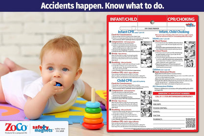 Safety Magnets by ZOCO – Infant and Child CPR & Choking Magnet – Laminated 8.5"x11" Emergency Numbers Fridge Card – First Aid Heimlich Maneuver for Parents, Caregivers, Daycare, Babysitters