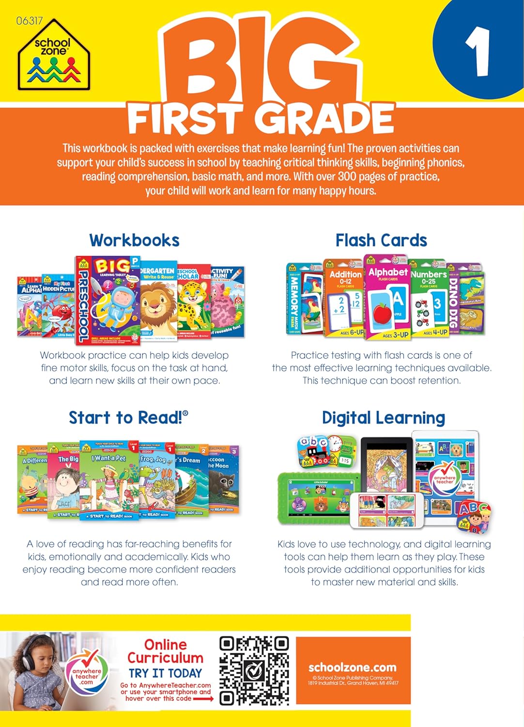 School Zone Big First Grade Workbook: 320 Pages, 1st Grade, Reading Comprehension, Phonics, Spelling, Vocabulary, Basic Math, Time, Money, Fractions, Ages 6 to 7