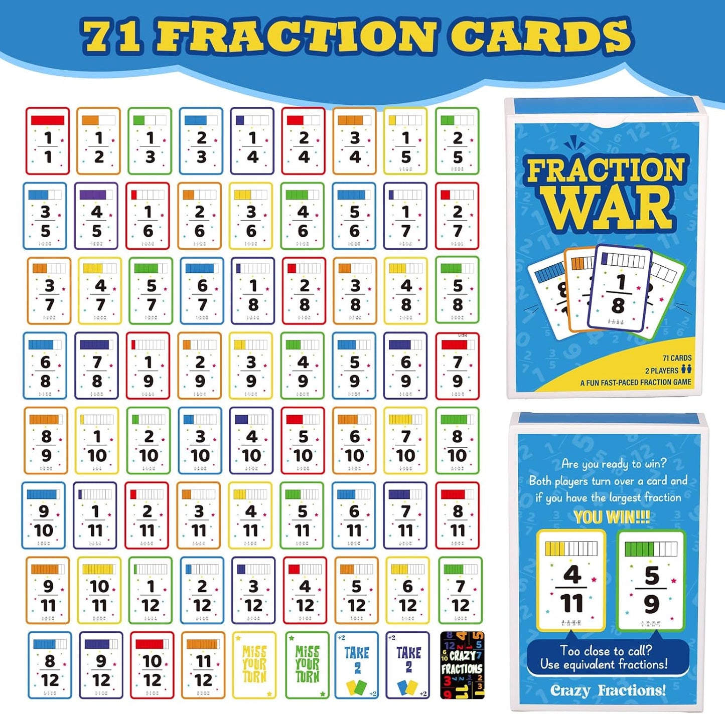 5 Pcs Math Game Flash Cards Fraction Game Math Manipulatives Fraction War Flashcards Equivalency Cards Compare Simplify Match Number for Homeschool Classroom Supplies 2nd to 6th Grade
