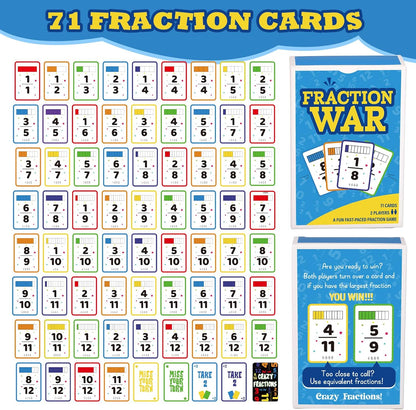 5 Pcs Math Game Flash Cards Fraction Game Math Manipulatives Fraction War Flashcards Equivalency Cards Compare Simplify Match Number for Homeschool Classroom Supplies 2nd to 6th Grade