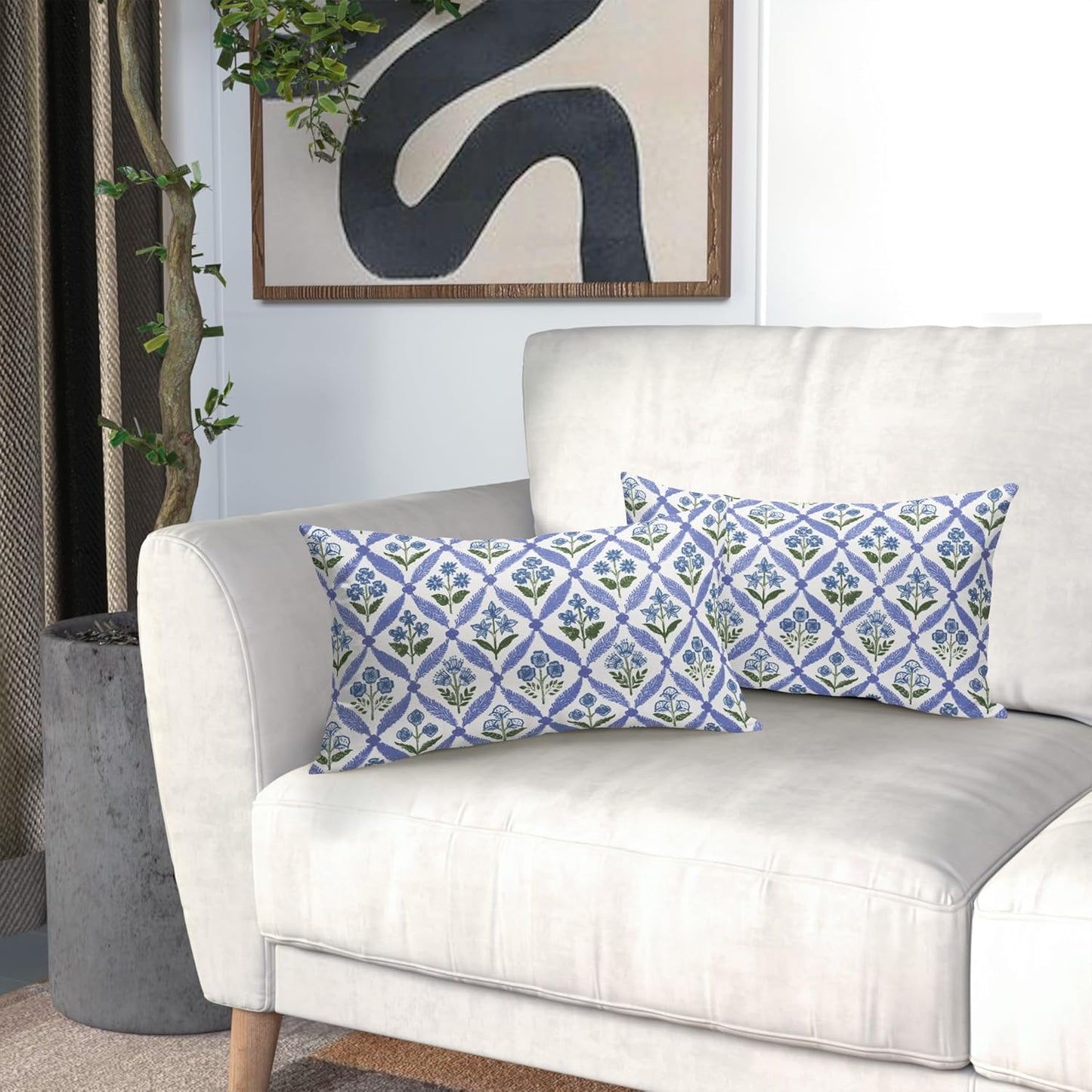 Blue Green Floral Block Print Pillow Covers 12X20 Set of 2, Flower Pattern Spring Summer Print Decorative Throw Pillow Covers Outdoor Farmhouse Seasonal Cushion Case Couch Sofa Bed Decor