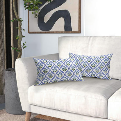 Blue Green Floral Block Print Pillow Covers 12X20 Set of 2, Flower Pattern Spring Summer Print Decorative Throw Pillow Covers Outdoor Farmhouse Seasonal Cushion Case Couch Sofa Bed Decor