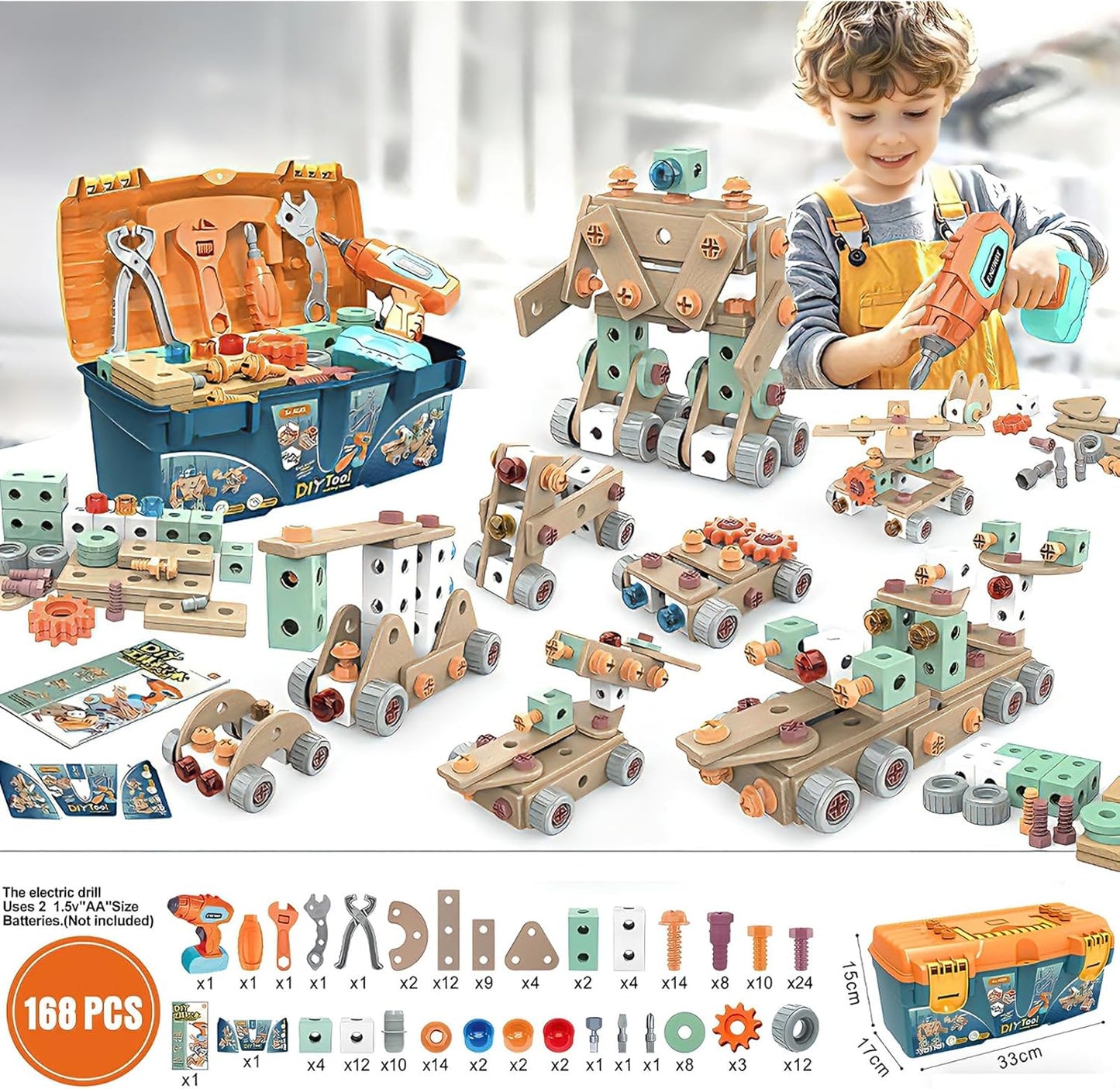168PCS Kids Tool Set with Toy Drill & Toolbox, STEM Construction Building Toys, Toddler Tool Kit for Kids Boys Girls Ages 3-4-5-6-7-8, Pretend Play Design & Drill Set