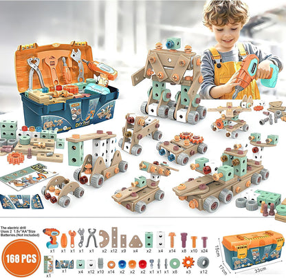 168PCS Kids Tool Set with Toy Drill & Toolbox, STEM Construction Building Toys, Toddler Tool Kit for Kids Boys Girls Ages 3-4-5-6-7-8, Pretend Play Design & Drill Set