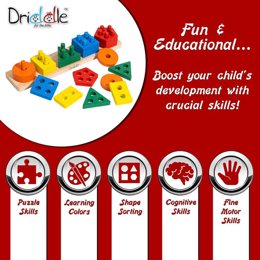 Driddle Wooden Educational Sorting and Stacking Toy - Learn Color and Shape Recognition – Puzzle Blocks Toy for Toddlers – Preschool Children Game – Kids Montessori Education