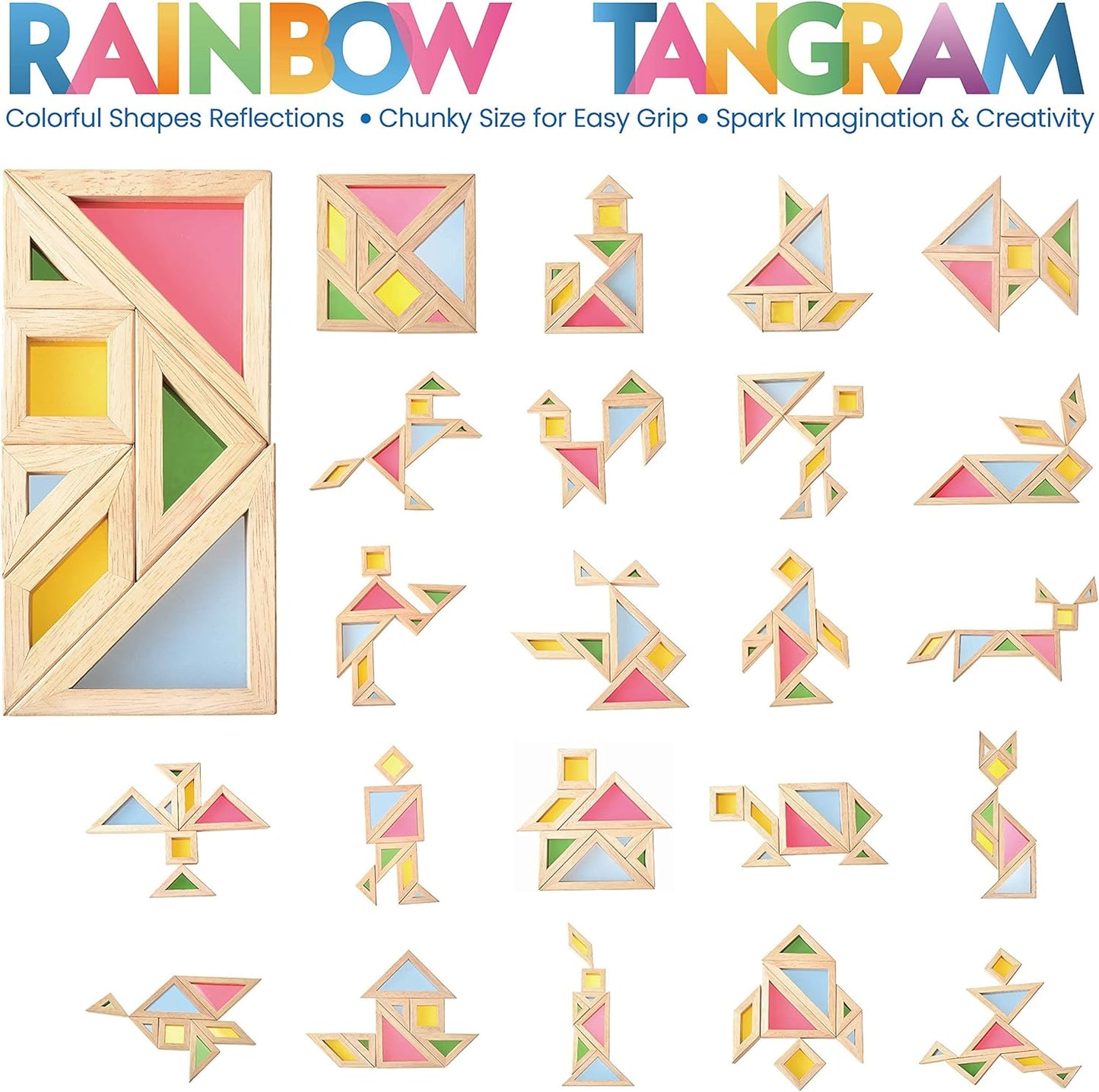 BOHS Translucent Tangram with Multilingual Activity Cards - 1 Inch Thickness - Preschool Gift - Kids Kindergarten Light Table Accessories/Window Puzzle Toys