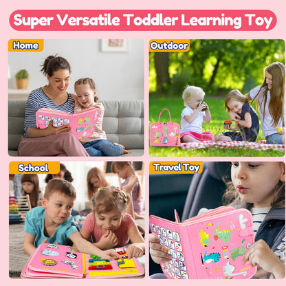 Qizfun Montessori Busy Board & Busy Book for Toddlers – Sensory & Learning Toy That Keeps Kids Busy, Travel Toy for Airplane & Car, Screen for Boys & Girls (Blue/P4)