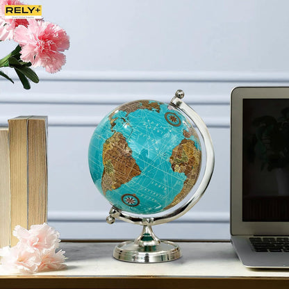 Rely+ Earth Light Blue Rotating Globe of The World with Silver Stand (NOT PLASTIC!) for Bookcase Shelf Decorative Home Desk sturdy Office Decor 6-inch