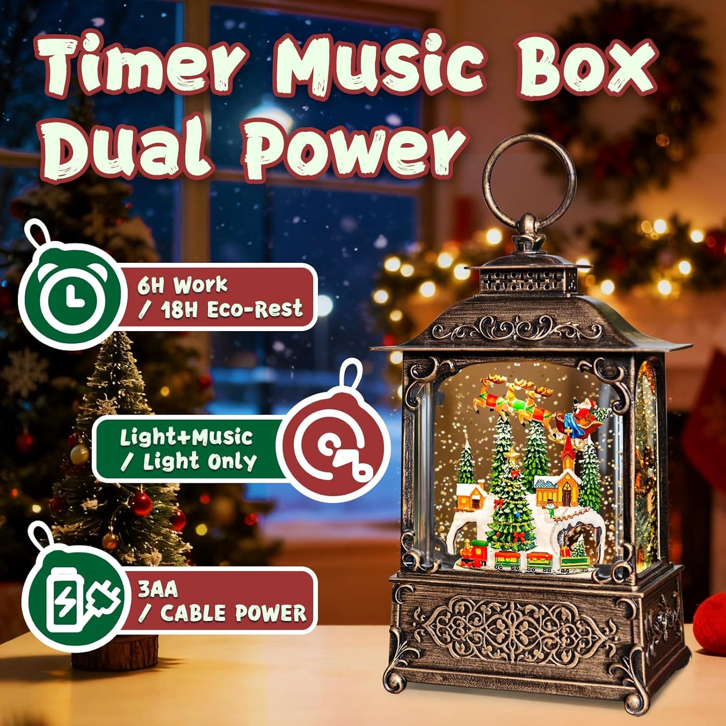 Christmas Snow Globes Lantern, Church and Christmas Tree Christmas Decorations Indoor, 6H Timer Battery & USB Powered Light Up Musical Snow Globes for Kids Women Adults Gift Thanksgiving Home Decor