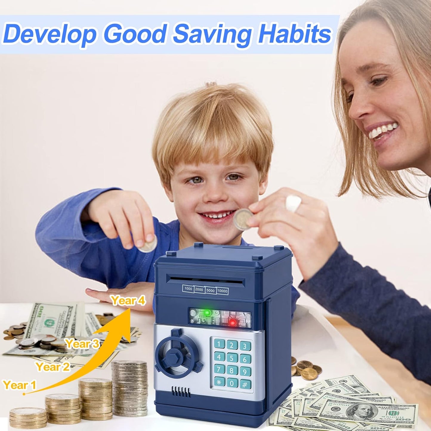 Refasy Piggy Bank Cash Coin Can ATM Bank Electronic Coin Money Bank for Kids Age 3-12, Money Savings Box Mini ATM Coin Bank Toys Gifts for 3 4 5 6 7 8 9 10 11 12 Year Old Boys Girls
