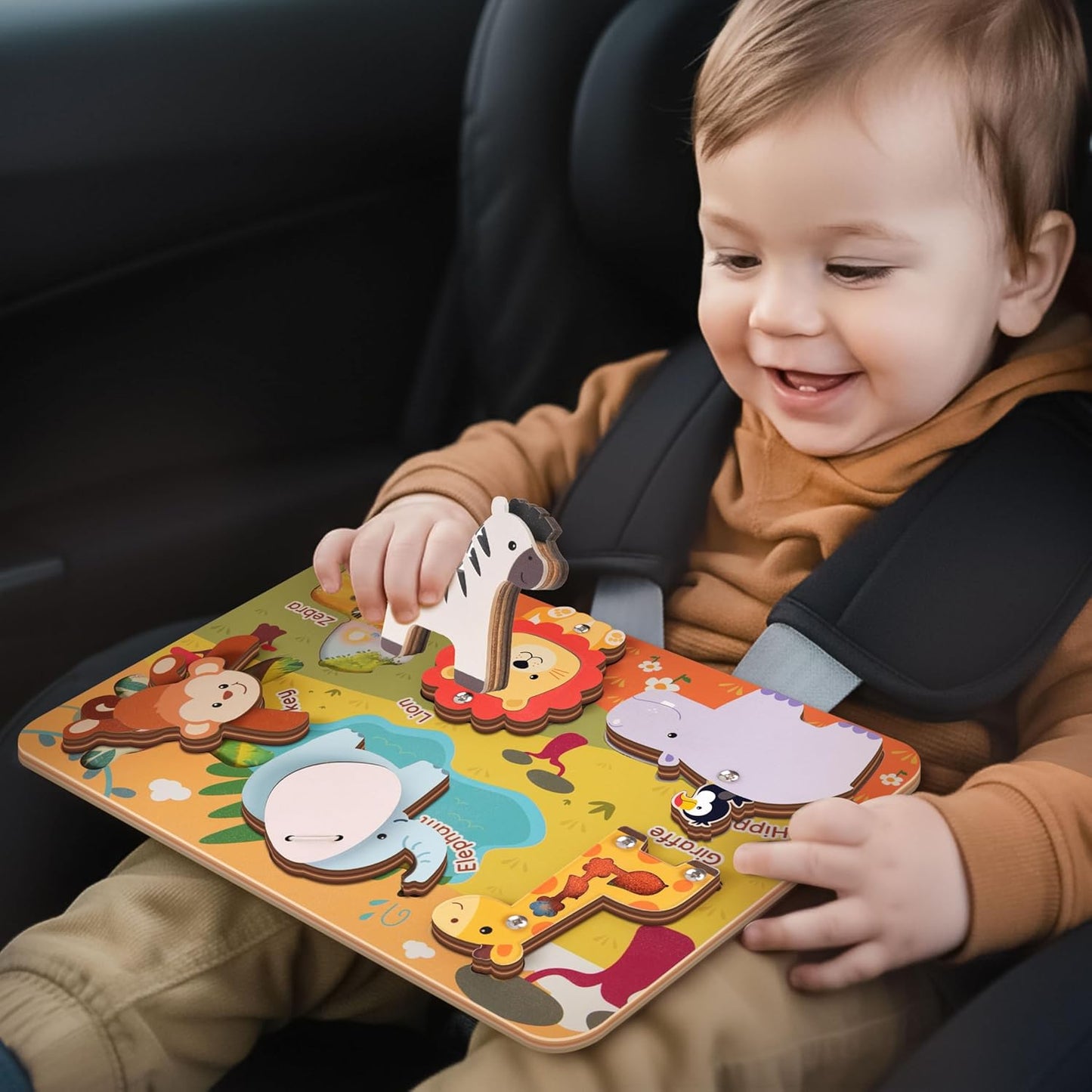 Kalotoys Wooden Montessori Jungle Animal Puzzle for Toddlers 1-3 – Interactive Sensory Toy with Mirror, Zip & Sound – Educational Baby Gift for Fine Motor Skills & Autism Friendly (6 Animals)