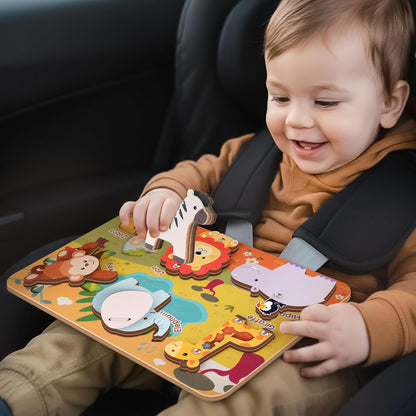 Kalotoys Wooden Montessori Jungle Animal Puzzle for Toddlers 1-3 – Interactive Sensory Toy with Mirror, Zip & Sound – Educational Baby Gift for Fine Motor Skills & Autism Friendly (6 Animals)