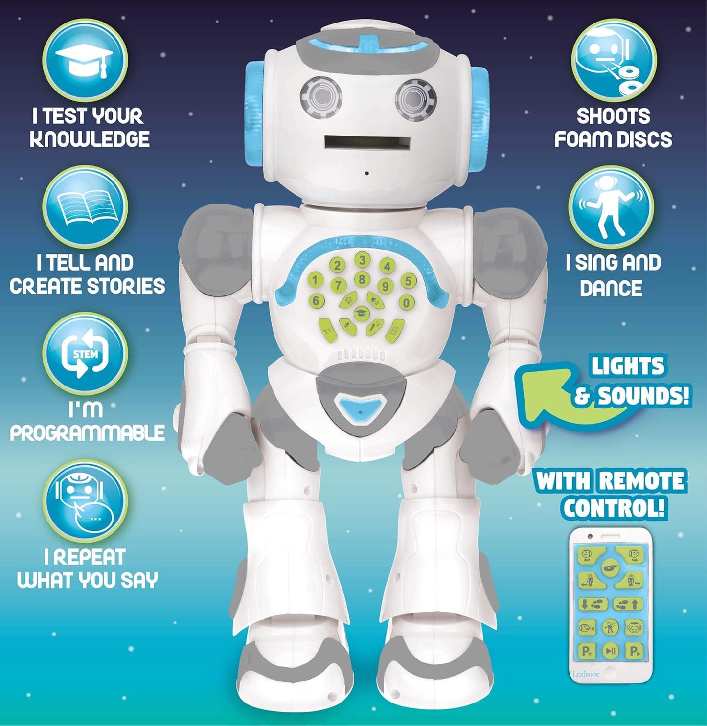 LEXiBOOK, Powerman Neo, My Robot Full of Technology, Remote Control and Gesture Control, Educational Activities in English, Programmable, Music and Dance, Sound and Light Effects, Blue/White, ROB18EN