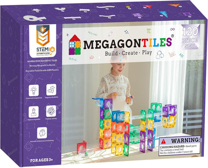 MEGAGONTILES Marble Run Magnetic Tiles Set 120PCS | STEM-Authenticated Magnetic Building Blocks with Marble Track Pieces | Educational Construction Toy for Kids Ages 3–8 (Boys & Girls)