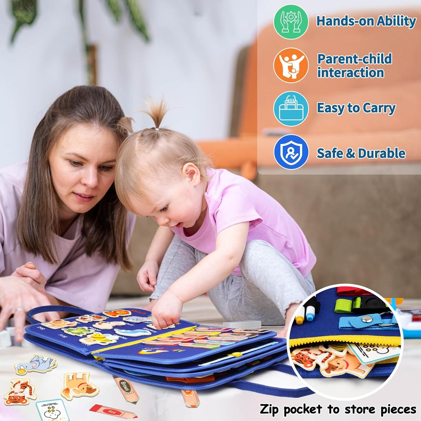 SaFeli Toddler Busy Board, Montessori Toys for Toddler Girl Birthday Gifts, Learning Toys Sensory Busy Book Toys for Toddlers, Travel Educational Book for Airplane Car | Birthday Gift for Girls, Pink