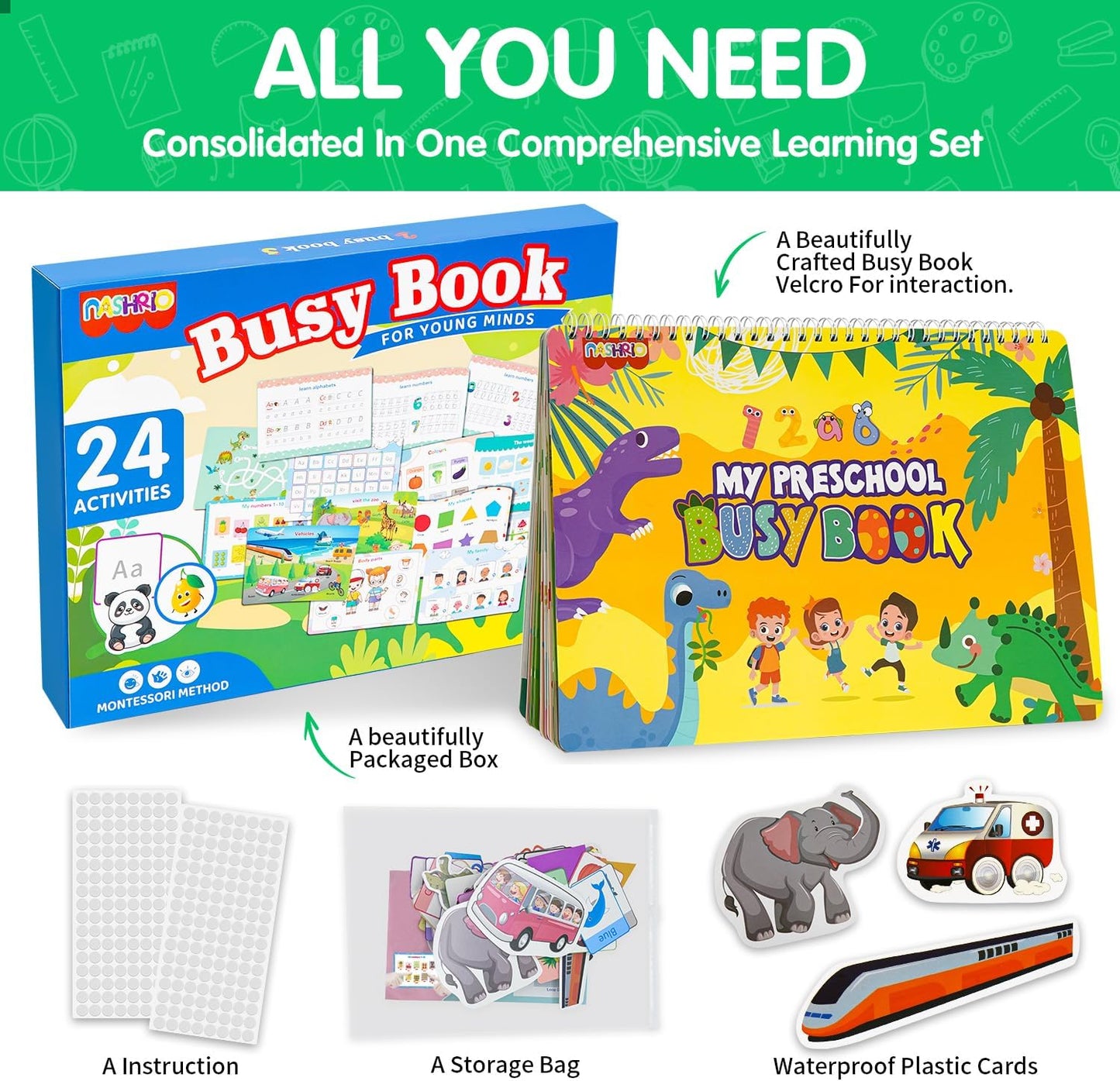 NASHRIO Montessori 24 Themes Busy Book for Toddlers 3-5, Engaging Preschool Learning Activities for Home School Travel – Educational Toy for 3-6 Year Old Boys & Girls