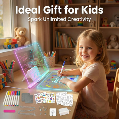 LED Drawing Board, 14'' Acrylic Note Board with Colors, Include LED Light Up Writing Pad 4 Modes & 7 Colors, 8 Markers, Stand, Hanging Chain, 2 Gel Clings, Holiday Gift