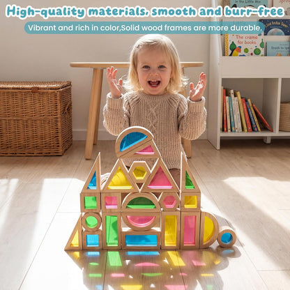 WOODENFUN Wood Building Blocks Set for Kids, 32 Pcs Rainbow Stacker Stacking Game Construction Toys Set Preschool Colorful Learning Educational Toys, Geometry Wooden Blocks for Boys Girls