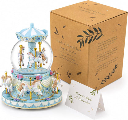 Blue Carousel Snow Globe Music Box with LED Lights, Rotating Horse Merry Go Round with Glitter Snowfall, Wind Up Musical Snow Globe Plays Over the Rainbow, Gift for Daughter Granddaughter Women