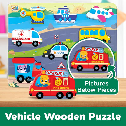 Jumbo Wooden Puzzles, Vehicle Puzzles Toys for Toddlers 2-4, Learning Educational Toys for Toddler 2 3 4 Years Old Boys & Girls As Gifts, Montessori Puzzle Board for Baby and Kids By Lucas & Friends