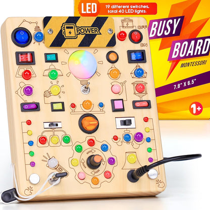 RichBoy Montessori Toy Busy Board with 40 LED Lights, 59-in-1 Sensory Toys for Toddlers, Travel Educational Activity for Airplane, Ideal Christmas Birthday Gift for Boys & Girls (7.8" x 6.5")