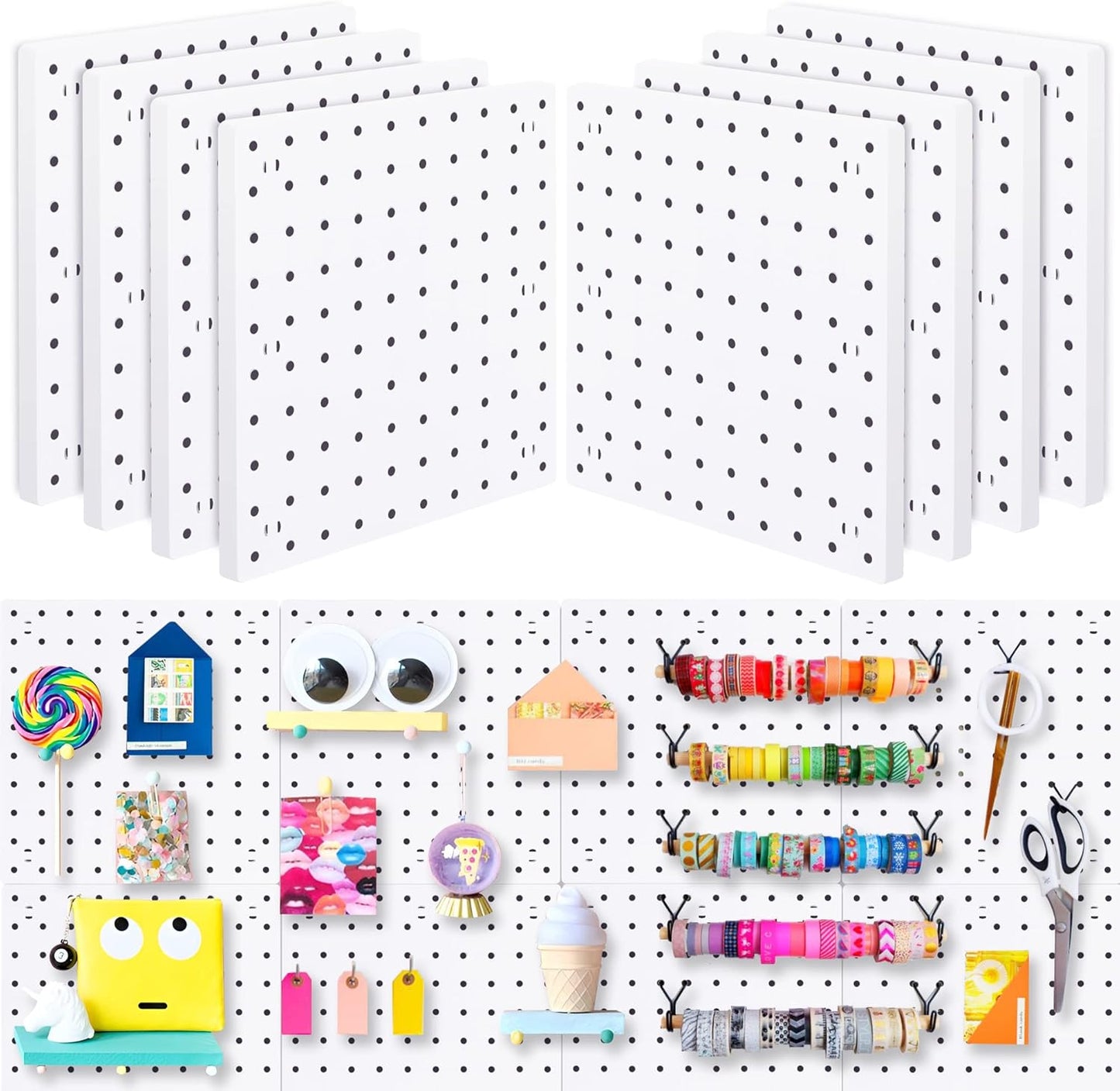 4Pcs Peg Board Panels, White ABS Pegboard Wall Mount, Easy Installation for Craft Room, Garage, Kitchen, Workshop