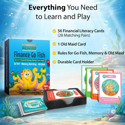 Finance Go Fish – 3-in-1 Financial Literacy Card Game for Kids Ages 5–12 | Go Fish, Memory & Old Maid | Educational Money Vocabulary Deck (Combo)