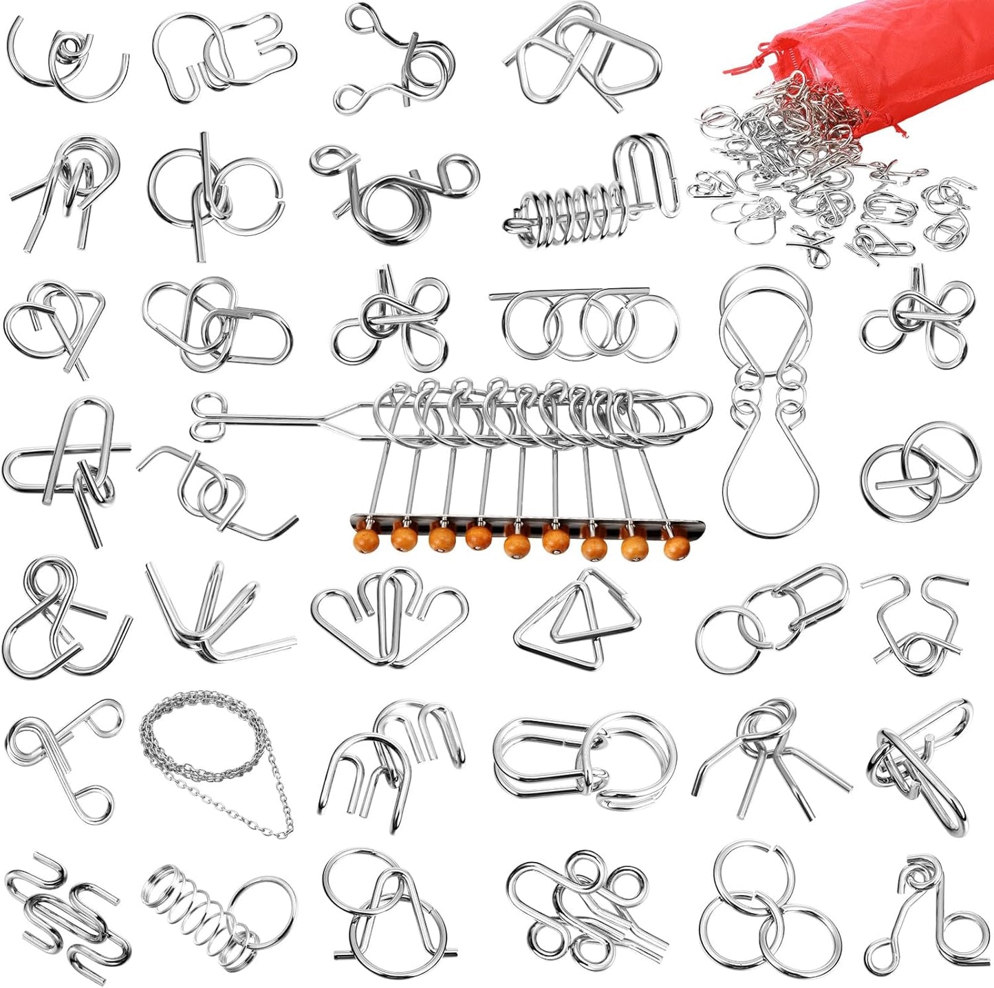 Yilloog Metal Brain Teaser Puzzles Set of 36 with Pouch, Steel IQ Games Physics Mind Metal Puzzles for Adults Basket Stocking Stuffers for Boys Girls Adults Challenge Gifts (Easy)