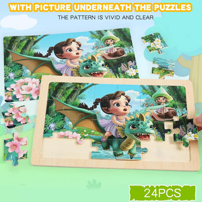 4 Sets of Wooden Puzzles, Each Set has 24 Pieces, Including Castle Unicorn Princess, for Toddlers 3-5, Puzzles for Kids Ages 4-6, Preschool Educational Brain Teaser Toys for Girls 3 4 5 6 Years Old.