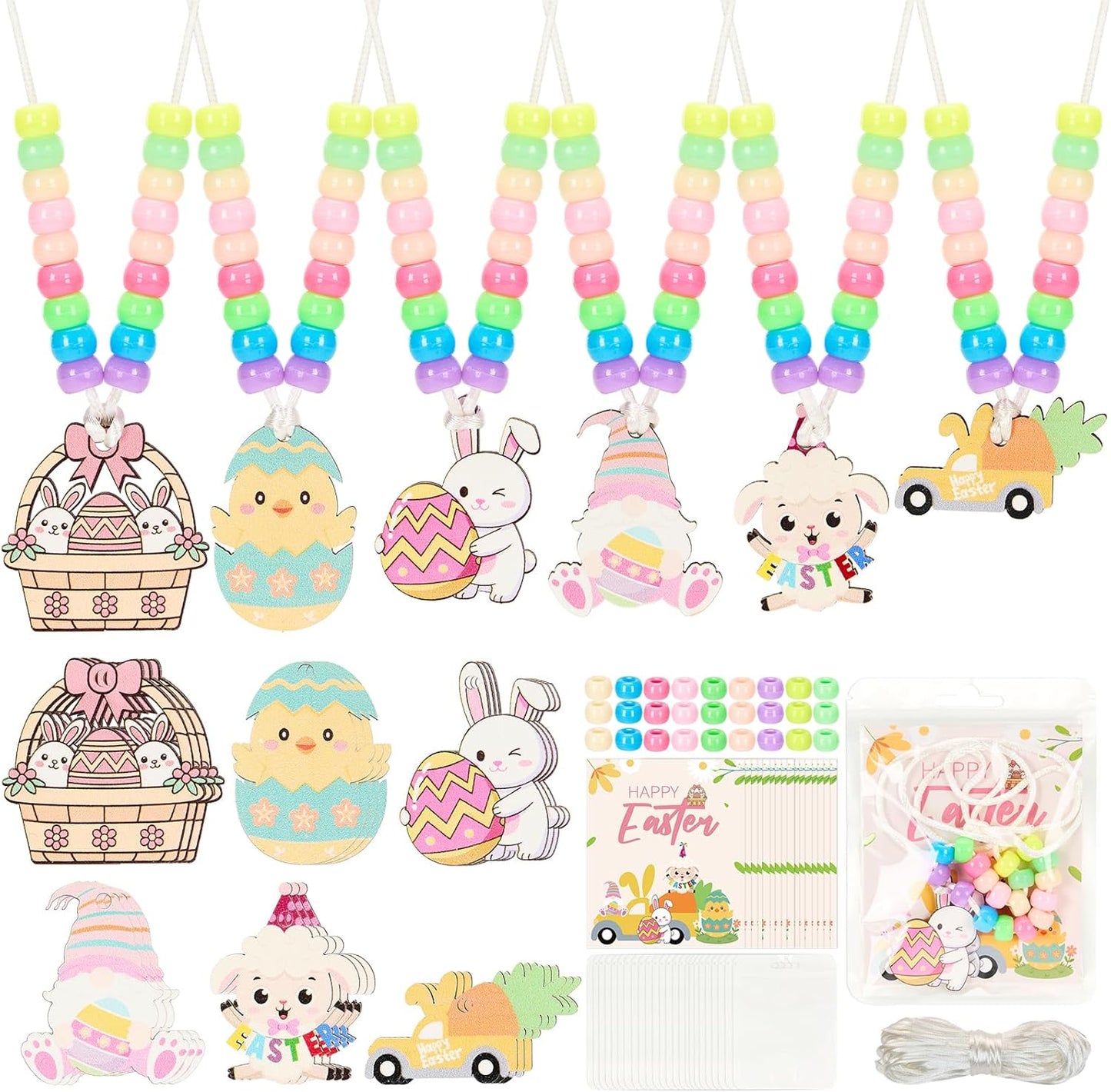 Bafeil 24 Set Easter Crafts Bead Necklace Making Kit for Kids - DIY Make Your Own Bunny Necklace for Arts and Crafts Project, Classroom Activities Gifts, Party Favors & Easter Basket Stuffers