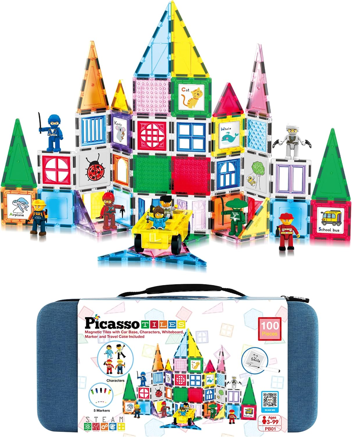PicassoTiles 101 PCs Magnetic Tiles Building Block with Storage Case Included Bold Colors Travel Carry Case Construction Set for Boys & Girls Great Gift Preschool Kindergarten Montessori Playing Toys