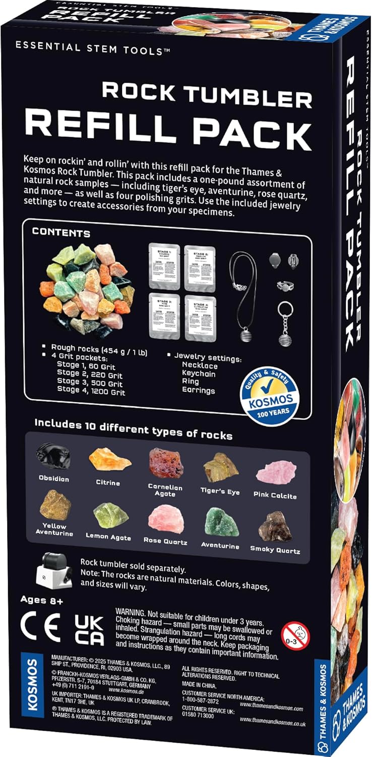 The Thames & Kosmos Rock Tumbler Refill Pack for use with The Thames & Kosmos Rock Tumbler, Essential STEM Tool for Kids | Includes Rough Rocks, Polishing Grit, Jewelry Settings