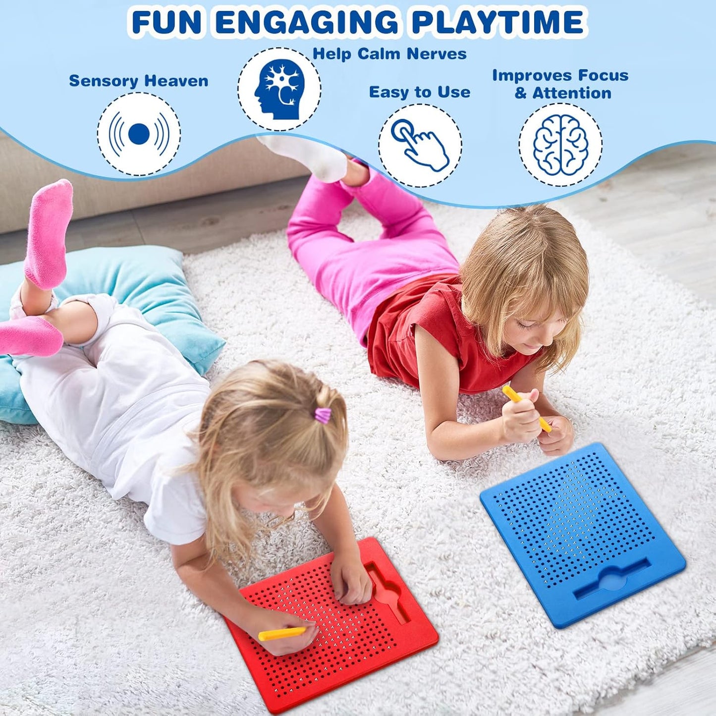 Yexiya 3 Pcs Magnetic Drawing Board for Kids, Toddler Travel Drawing Kit Magnet Sketch Thread Board with Stylus Pen and Beads Toy for Child Quiet Time Activities (7 x 8.5 Inches,Blue)
