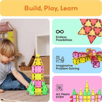 PicassoTiles 42pcs Magnetic Tiles Magnet Blocks See-Through Shape STEM Toys Building Block Educational Playset Compatible with Major Brand Tile -Starter Set for Boys and Girls Toddlers Ages 3+ PT42