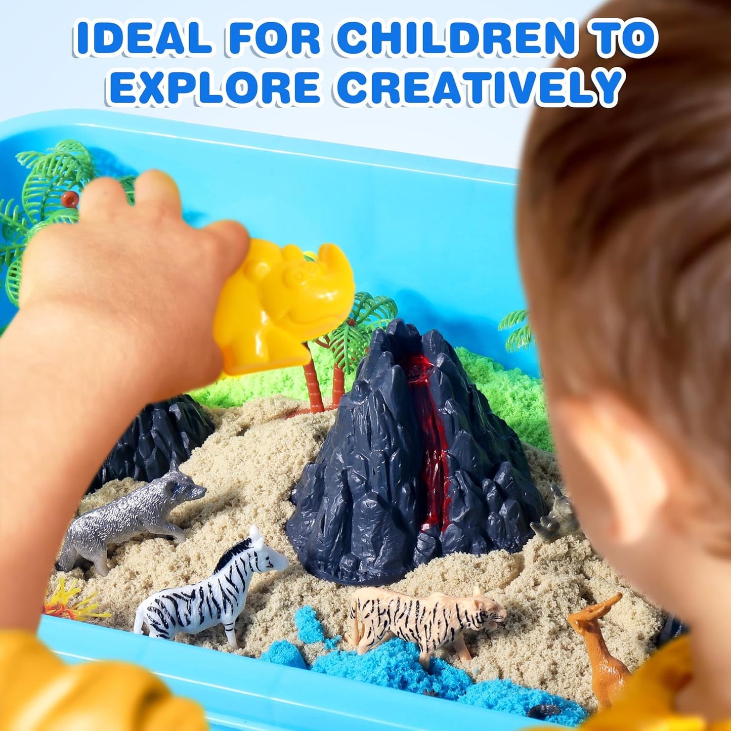 Billeeit Animal Sensory Bin Sand Toy, Play Sand Kit w/lid and 2.2lbs Moldable Sensory Sand, Molds, Tools, Map Set 30+pcs Total, Fun Gifts for Kids 3+